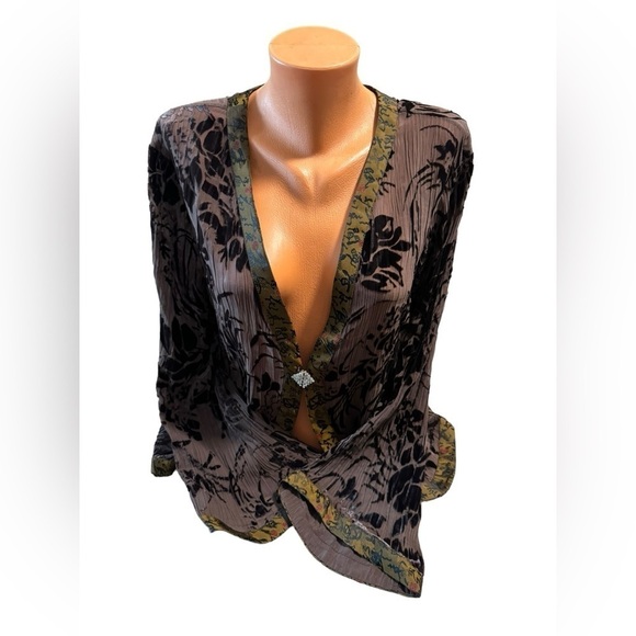 Vintage Anis A. Women's Large Brown 100% Silk Beaded Floral Velvet Cardigan - Picture 1 of 12